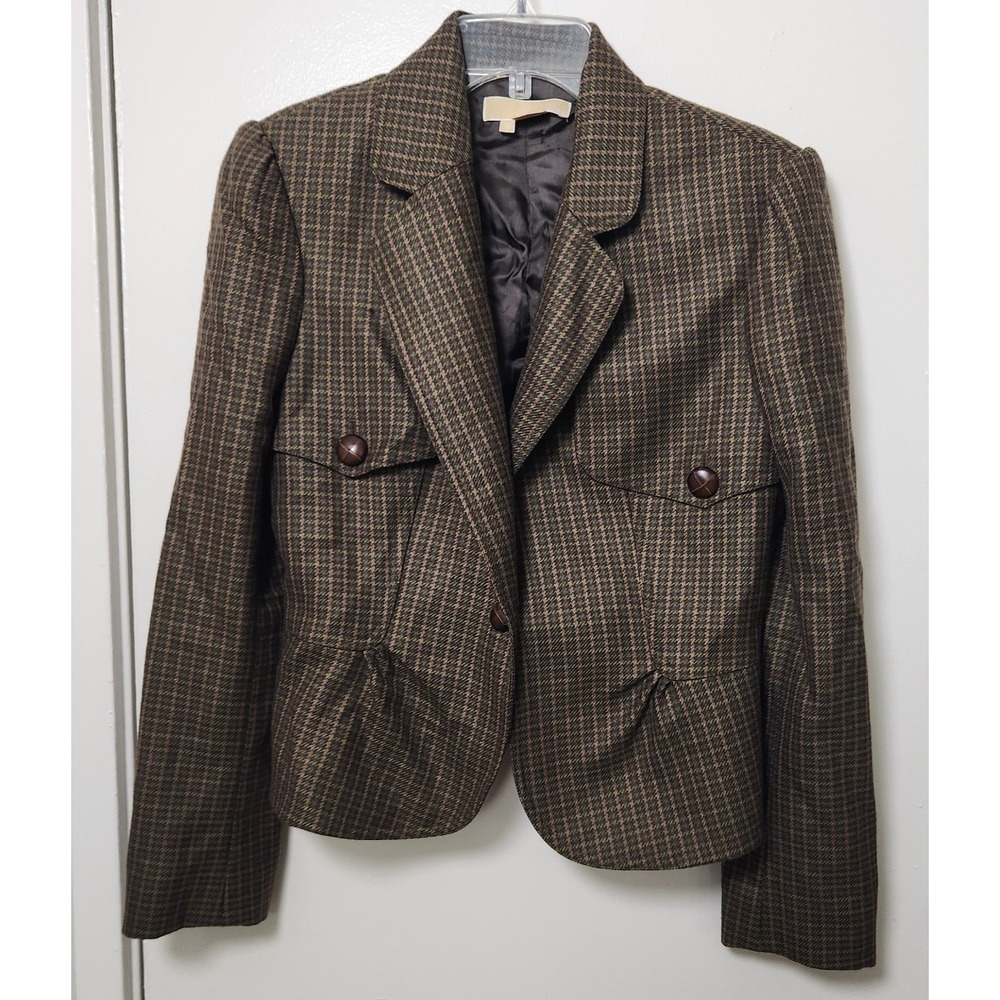 Michael Kors Made in Italy Green Houndstooth Virgin Wool Blazer Jacket Size 10